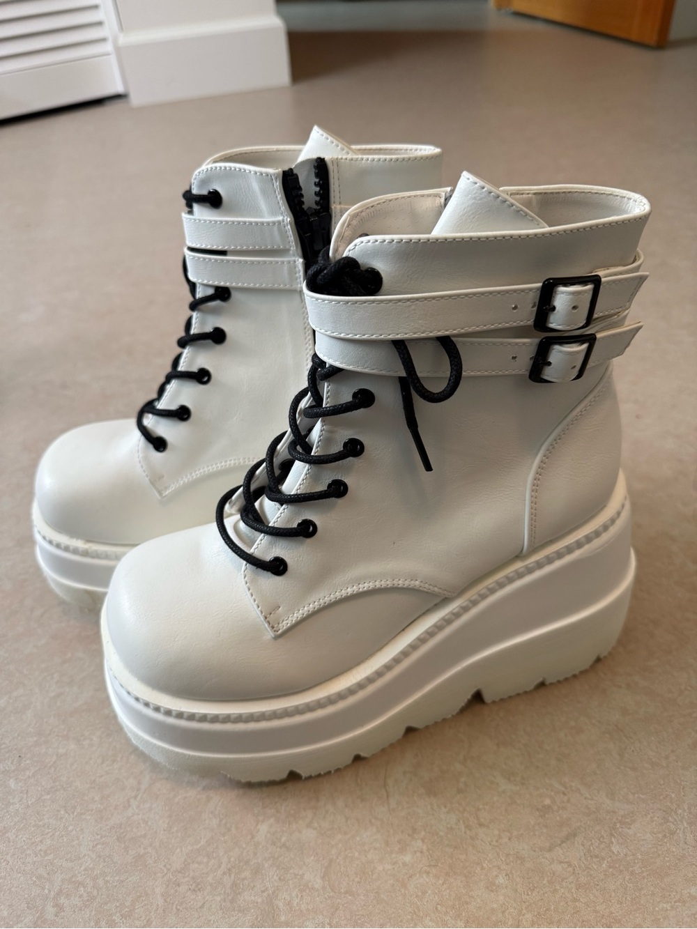 Demonia White Platform Lace-Up Ankle Boots with Buckle Straps 9